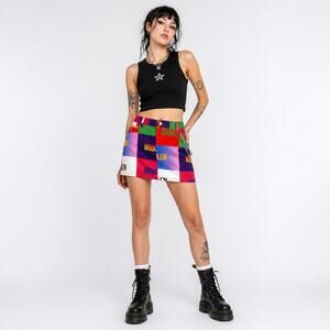 BruceGlen Colorblock Logo Mini Skirt Size 25 Pop Art Organic Cotton Denim